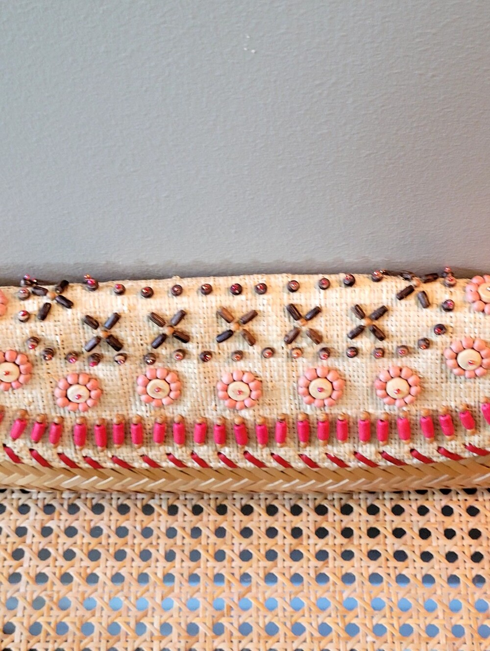 S5A Handwoven Natural Straw Crossbody with Pink Beaded Detail. Red Satin Inside